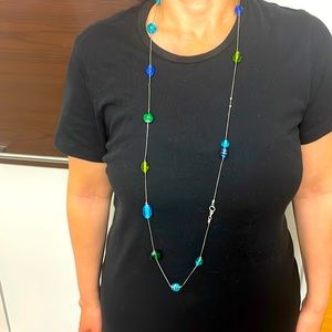 Silver, Blue, green crystals beaded necklace 44”